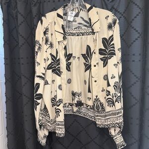 CAbi Black and Cream Floral Blouse and shorts set